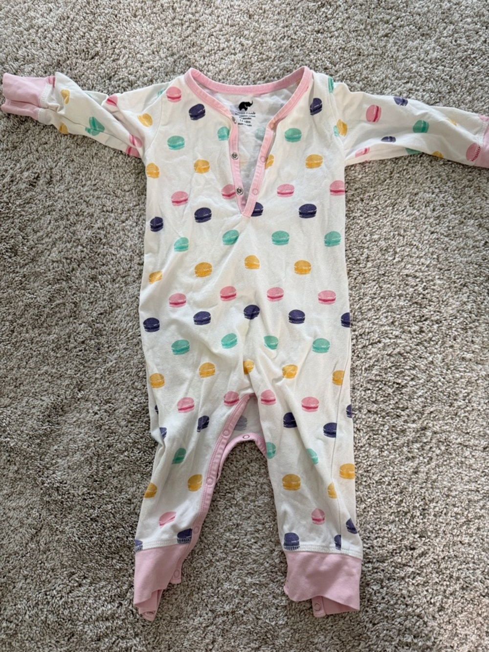 White Macaron-Print Kids One-Piece Bodysuit with Pink Trim